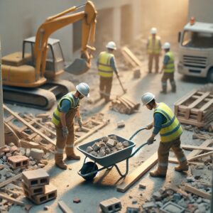 Construction workers removing debris