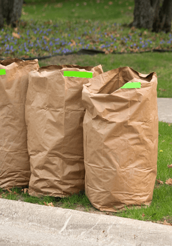 Bags of yard waste in front of house